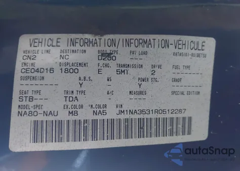 1994 Mazda Mx-5 Miata from USA, damaged, VIN JM1NA3531R0512287